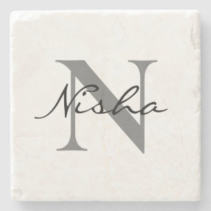 Monogram Black Grey Script Name Initial Stone Coaster