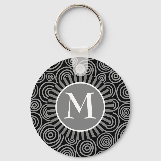 Monogram Black Grey Spirals - Mens Personalized Keychain (Front)