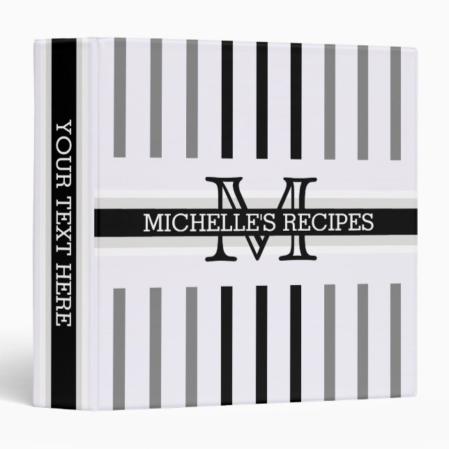 Monogram Black Grey Stripes Pattern Recipes Binder (Front/Spine)