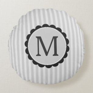 Monogram Black Grey White Scalloped Stripes Round Pillow