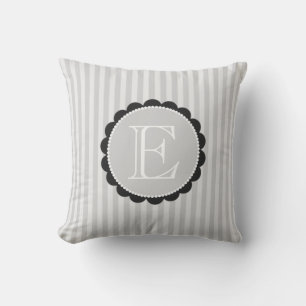 Monogram Black Grey White Scalloped Stripes Throw Pillow