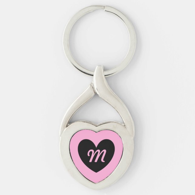Monogram black heart on cotton candy pink keychain (Front)