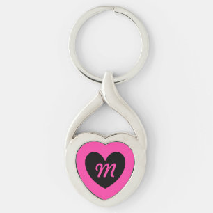 Monogram black heart on fuchsia pink keychain