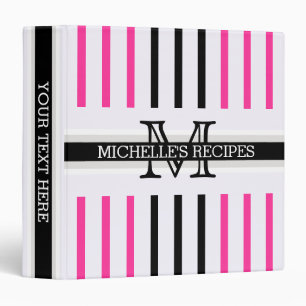 Monogram Black Hot Pink Stripes Pattern Recipes Binder