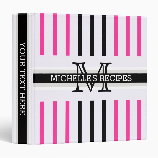 Monogram Black Hot Pink Stripes Pattern Recipes Binder (Front/Spine)