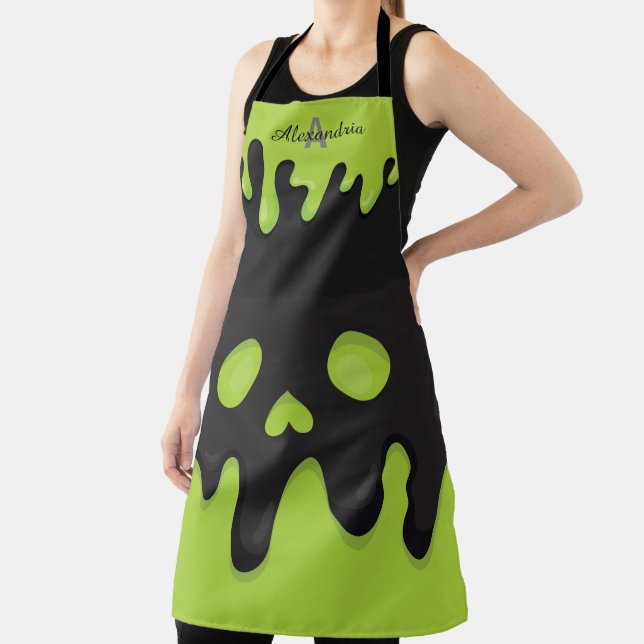 Monogram Black Jack o' Lantern Green Halloween Apron (Insitu)