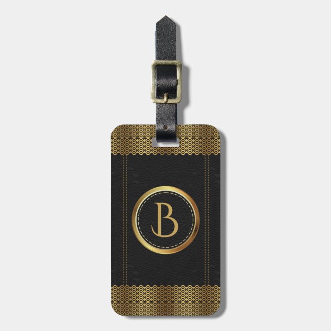 Monogram Black Leather Gold Border Luggage Tag (Front Vertical)