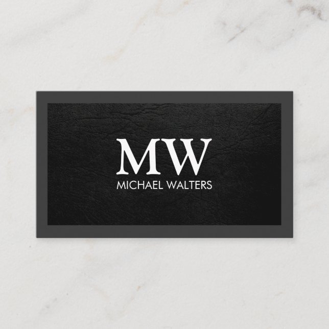 Monogram | Black Leather Texture | Dark Border Business Card (Front)