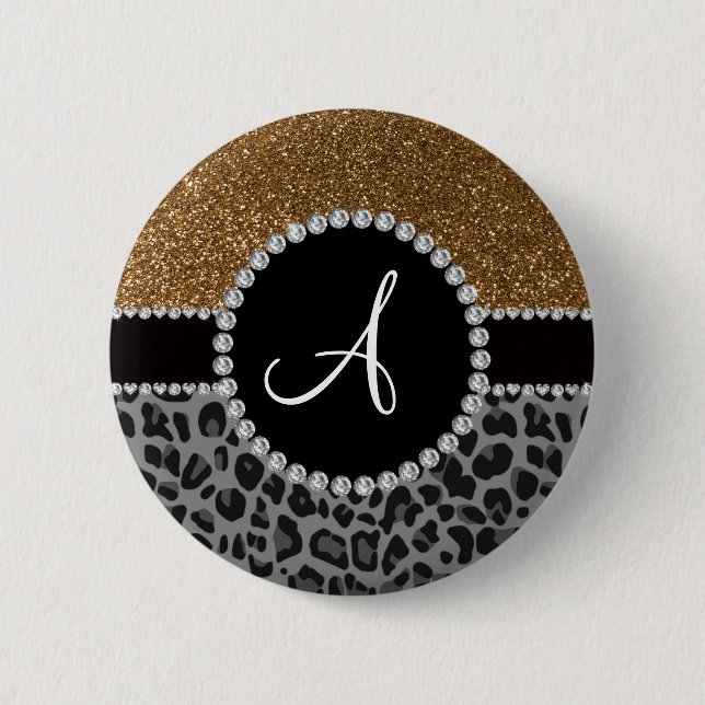 Monogram black leopard gold glitter 2 inch round button (Front)