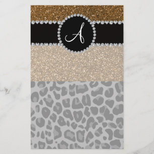 Monogram black leopard gold glitter stationery