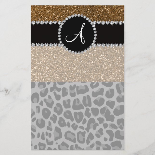 Monogram black leopard gold glitter stationery (Front)