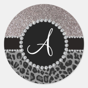 Monogram black leopard silver glitter classic round sticker