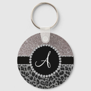 Monogram black leopard silver glitter keychain