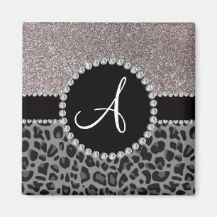 Monogram black leopard silver glitter magnet