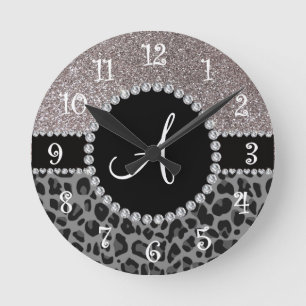 Monogram black leopard silver glitter round clock