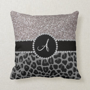 Monogram black leopard silver glitter throw pillow