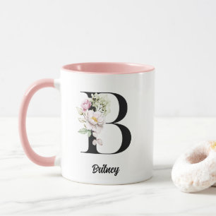 Monogram Black Letter Watercolor Flowers Mug