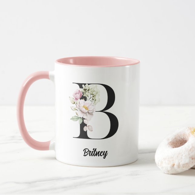 Monogram Black Letter Watercolor Flowers Mug (With Donut)