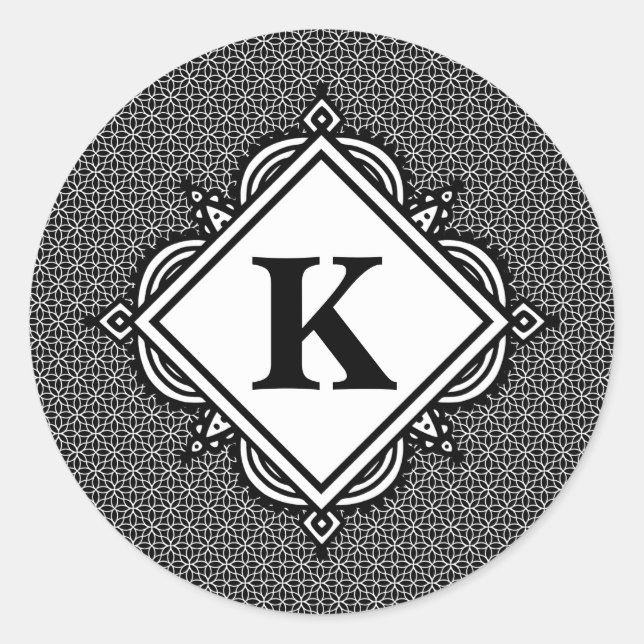 Monogram Black Mandala Classic Round Sticker (Front)