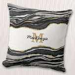 Monogram Black Marble Agate Gold Glitter Throw Pillow<br><div class="desc">Black and white monochrome watercolor agate marble design with faux gold detail.  Change the name and monogram initial to personalize.</div>
