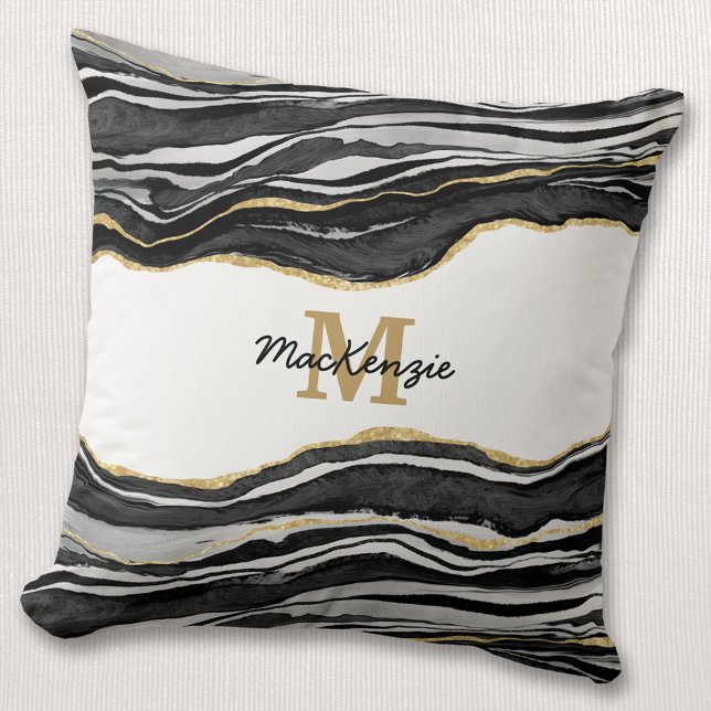 Monogram Black Marble Agate Gold Glitter Throw Pillow (Creator Uploaded)