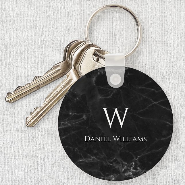 Monogram Black Marble Modern White Initial Name Keychain (Creator Uploaded)