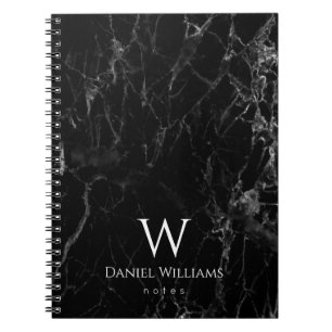 Monogram Black Marble Modern White Initial & Name Notebook