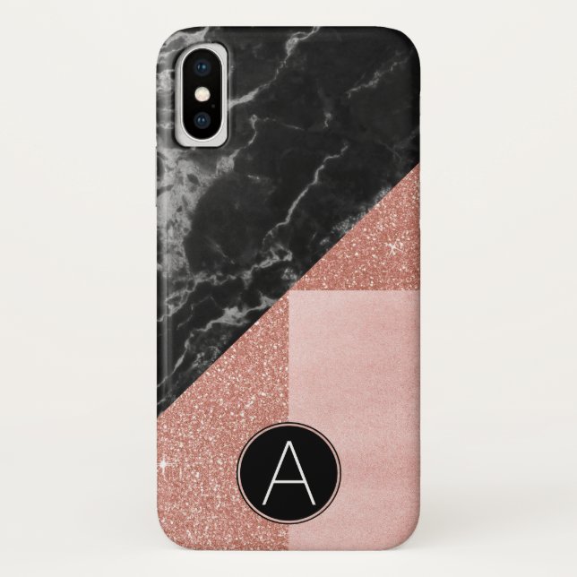 Monogram Black Marble & Rose Gold Glitter Sparkle Case-Mate iPhone Case (Back)
