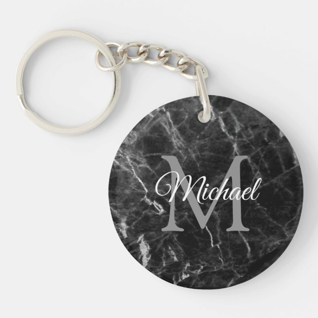 Monogram Black Marble Template Create Your Own Keychain (Front)