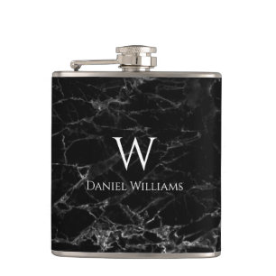 Monogram Black Marble White Name Modern Elegant Hip Flask