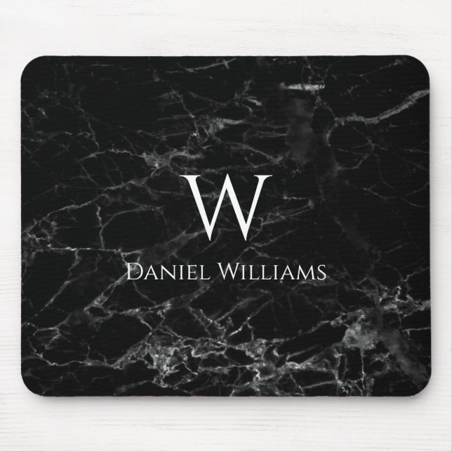 Monogram Black Marble White Name Modern Elegant Mouse Pad (Front)