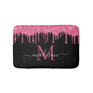 Monogram Black Metallic Hot Pink Dripping Glitter Bath Mat