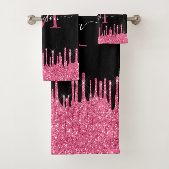 Monogram Black Metallic Hot Pink Dripping Glitter Bath Towel Set (Insitu)