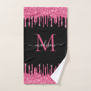 Monogram Black Metallic Hot Pink Dripping Glitter Hand Towel