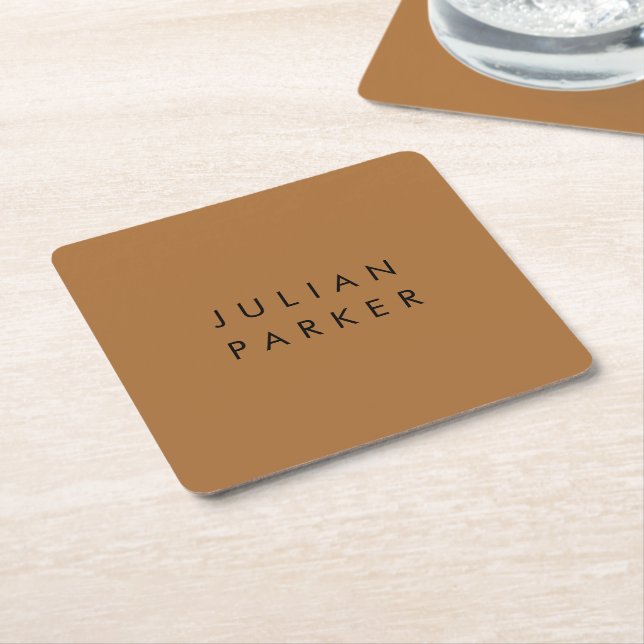 Monogram black minimalist brown square paper coaster (Angled)