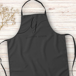 Monogram Black Modern Minimal Calligraphy Script Apron