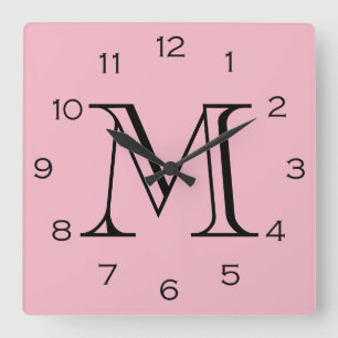 Monogram Black Numbers On Pink wccn Square Wall Clock