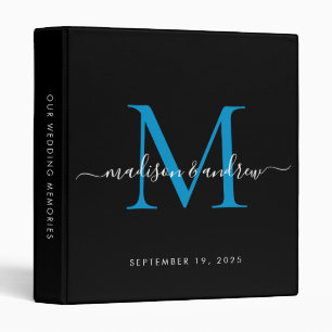 Monogram Black Ocean Blue Script Wedding Album Binder