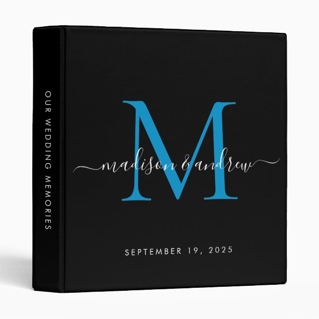 Monogram Black Ocean Blue Script Wedding Album Binder (Front/Spine)