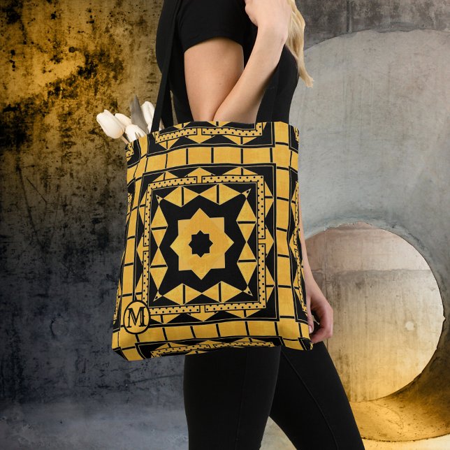 Monogram Black Ochre Pattern Tote Bag (Creator Uploaded)