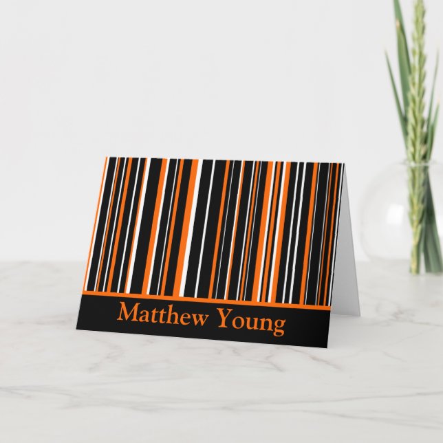 Monogram Black/Orange/White Striped Note Card (Front)