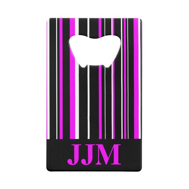 Monogram Black, Pink Barcode Stripe Wallet Bottle Opener (Front)