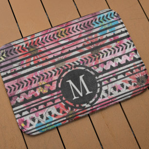 Monogram Black Pink Blue Aztec Floral Pattern Bath Mat