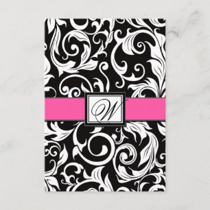 Monogram Black & Pink Damask Wedding RSVP Cards