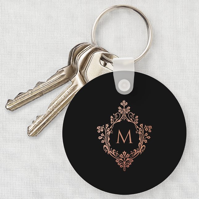 Monogram Black Pink Elegant Rose Gold Ornate Crest Keychain (Creator Uploaded)