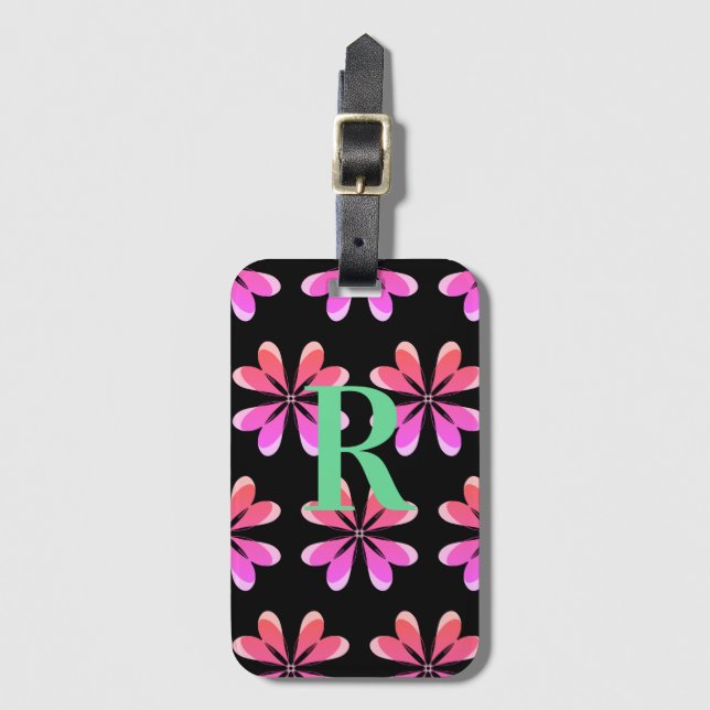 Monogram black pink retro floral luggage tag (Front Vertical)