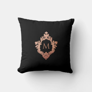 Monogram Black Pink Rose Gold Elegant Ornate Crest Throw Pillow