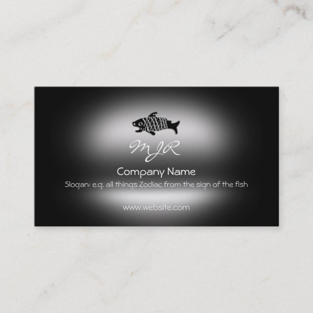 Monogram, Black Pisces Fish, metallic-effect Business Card (Front)