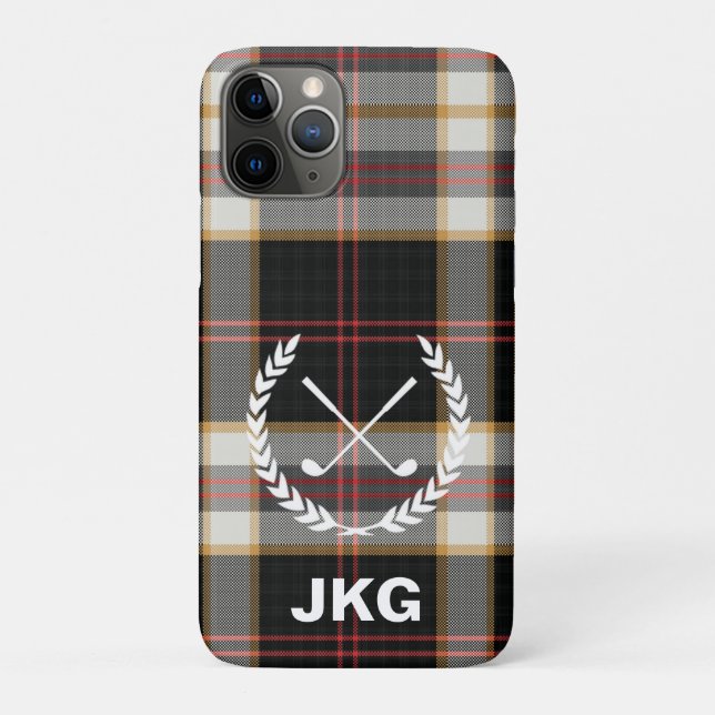 Monogram Black Plaid Golf Clubs Laurel Wreath Case-Mate iPhone Case (Back)