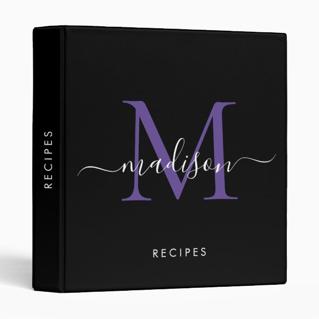 Monogram Black Purple Violet Script Name Recipe Binder (Front/Spine)